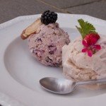 Two berry ice creams: Bramble-licorice frozen yogurt and Fraises-de-bois Black Pepper Rose Geranium ice cream